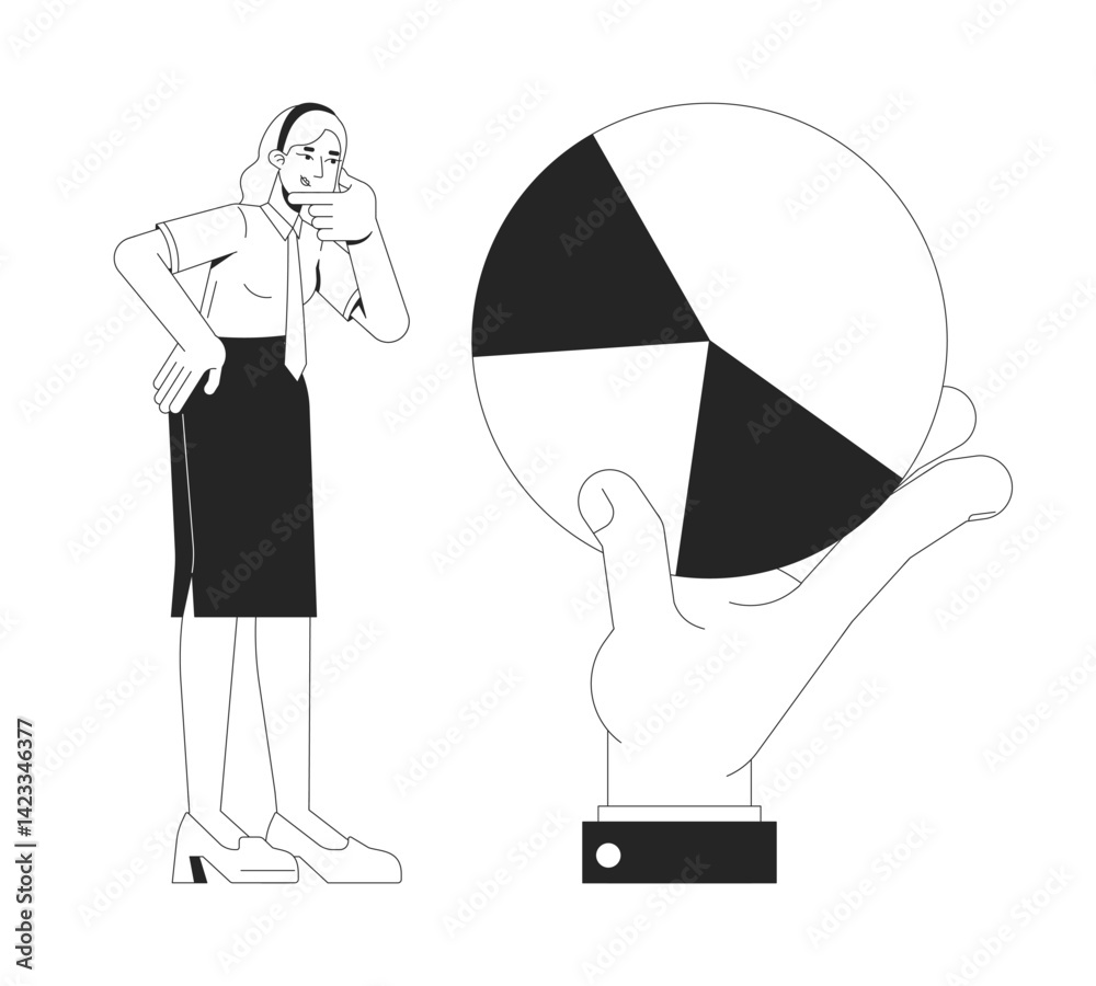 Poster taking closer look at data line illustration concept. professional analyzing piechart. female analys