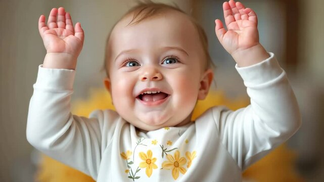 Happy baby with joyful expression claps hands in delight while sitting in a cheerful setting