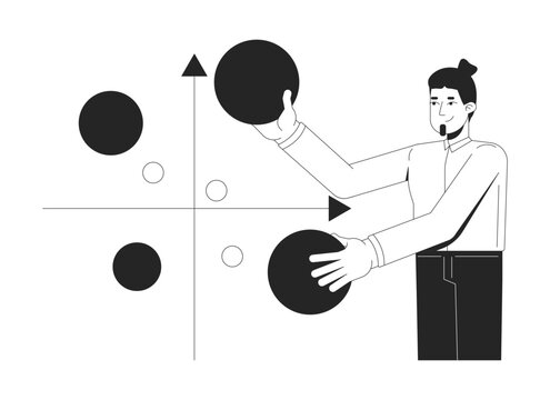 Businessman analyzing bubble chart line illustration concept. Scatter plot with XY axis. Corporate male analyst holding data points outline 2D character isolated. Ink linear metaphor vector art
