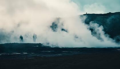 Mysterious misty landscape with people walking towards steam plume