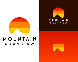 Logo design about a view of a mountain and ocean in the afternoon.

