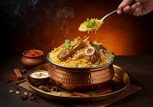 Exquisite lamb biryani served in traditional copper pot on a dark background