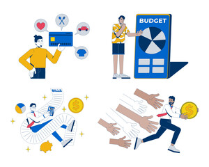 Personal finance challenges and budget 2D illustration concepts set. Credit spending, bills, financial struggle cartoon characters isolated on white. Flat abstract vector metaphor collection