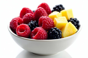 Bowl of fresh raspberries, blackberries, and pineapple. Healthy snack or breakfast. 