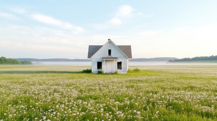 Abandoned farmhouse in a field of wildflowers, serene rural landscape