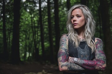 Obraz premium A tattoo model with a large, colorful sleeve tattoo of mythical creatures, posing in a forest.