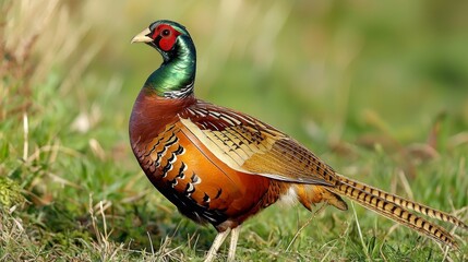 Obraz premium Vibrant Male Pheasant Standing Gracefully in a Natural Meadow Setting, Showcasing Glossy Green Neck and Intricate Feather Patterns Against a Softly Blurred Grassy Background