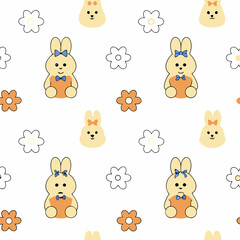 Fototapeta premium Kid Seamless Pattern Easter Theme, Cute bunnies with accessories and flowers create cheerful pattern perfect for Easter celebrations. Isolate on white background, commercial use