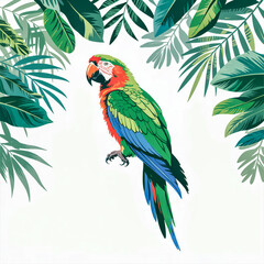 Tropical bird silhouette (parrot or toucan) with palm leaf border, white background, tropical vacation design
