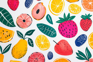 Hand-drawn fruit illustrations scattered on white, colorful and minimalist