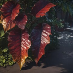 Fototapeta premium Deep shadows on oversized, glossy leaves, rich jewel tones, lush, exotic