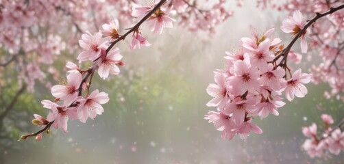 Fototapeta premium Delicate pink sakura petals drift gently on a softly blurred spring background , floral design, pretty, beauty