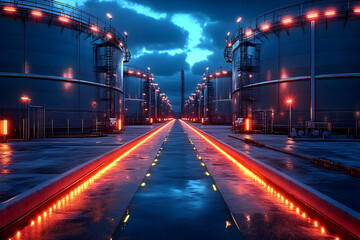Nighttime industrial scene featuring illuminated storage tanks and a wet reflective pathway