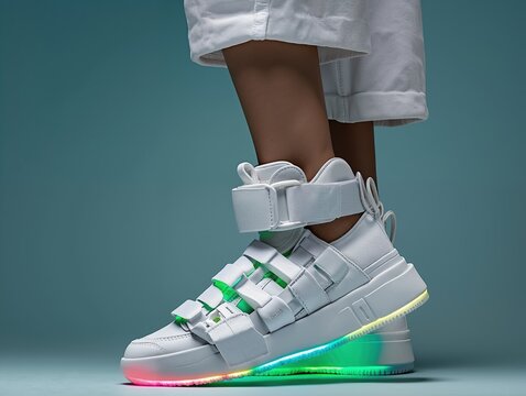 Futuristic sneakers with neon soles for trendy street fashion and nightlife style