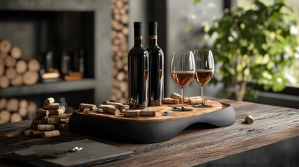 Wine podium on a rustic table with scattered corks and glasses