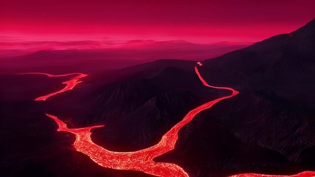 High Angle of Molten Lava River Flowing Between Mountains Under Red Sky