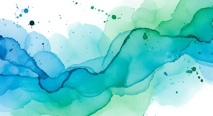 Obraz premium Fluid abstract design with blue and green ink washes on white background creates calm, organic feel.