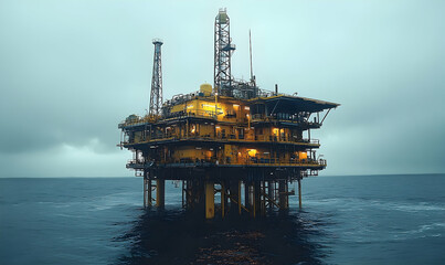 Offshore oil rig platform at sea night industrial energy production