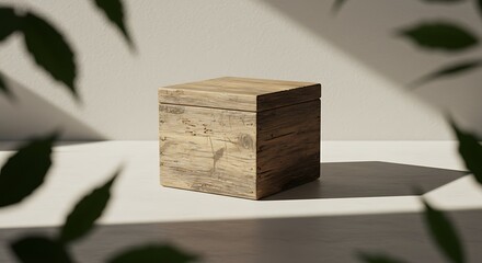 Rustic wooden box sits on a neutral surface with plant shadows creating delicate patterns.