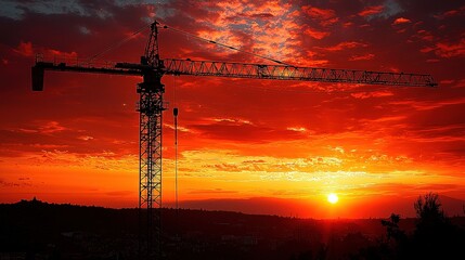 Fototapeta premium A crane, its metal arm reaching skyward, stood sentinel over a bustling construction site, its silhouette stark against the vibrant hues of a setting sun, a testament to human endeavor against 