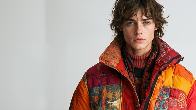 Urban autumn fashion: vibrant patchwork jacket and layered style for trendsetters