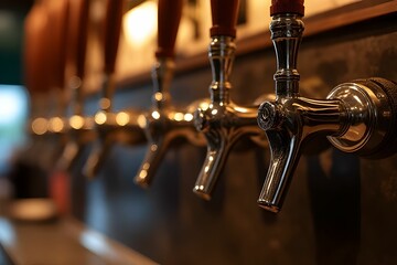 Row of beer taps, likely in a bar or pub setting. Beer tap in bar. Beer mug. Refreshment and party concept. Alcohol beverage menu. Craft beer