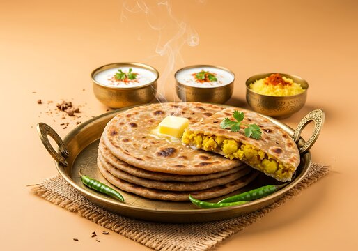 Golden platter presenting traditional indian aloo paratha with accompaniments