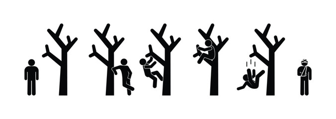 man and tree icon set, stick figure people isolated silhouettes, stickman in forest