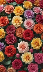Fototapeta premium Full-frame shot, multicolored paper roses, varying sizes, gradient, texture