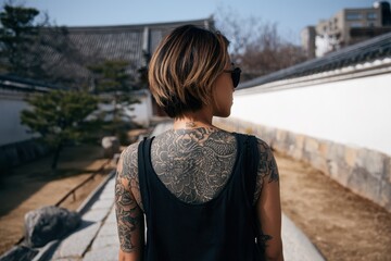 Obraz premium A tattoo model with a traditional Japanese dragon tattoo covering the entire back, standing in a Zen garden