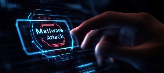Cybersecurity Threats Hand Interacting With Holographic Interface Displaying Malware Attack Warning