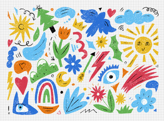 Bright, fun decorative elements drawn with crayons. Bird, sun, cloud, rainbow, comet, and other. Objects with a grunge texture, hand-drawn with colored pencils. Vector illustrations isolated on white.