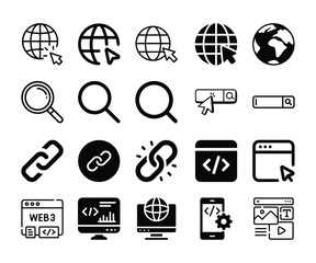 Website icon, search icon, web design, globe, link icon, code browser, magnifying glass.
