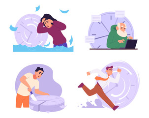 Time management. People have problems with self time bad multitasking failing persons exact vector concept pictures