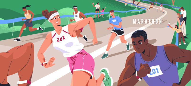 Runners are rushing to win in marathon, sprint. Joggers in sportswear running sport race. Athletes challenge, jogging on long distance in international competition in summer. Flat vector illustration