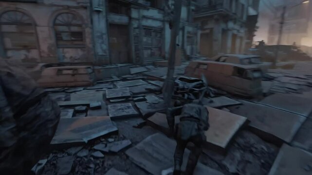 Rubble covers desolate street under dark skies, zombie apocalypse halts normal life, zombie apocalypse spreads fear among survivors, zombie apocalypse shreds hope. Concept survival dread