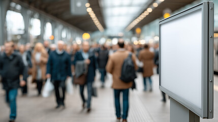 Empty Billboard in a Busy Public Space: An empty billboard stands prominently in a bustling public space, drawing attention amidst the blur of people passing by.