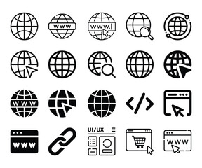 Website icon, search bar, house icon, mail symbol, link icon, website icon, code, document, external link, chain link, web design, development, internet services, code browser, magnifying glass.