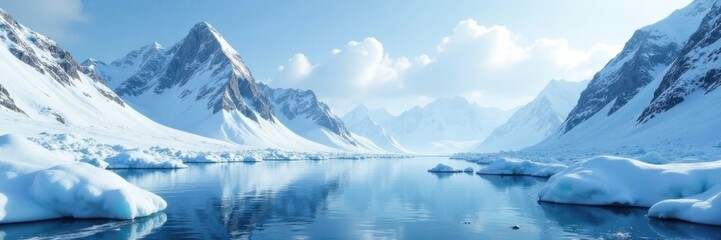 Icy space with towering snow-covered mountains , peaks, winter, frozen