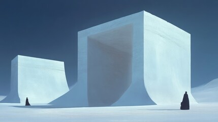 Minimalist, futuristic architectural structures in a vast, snowy landscape