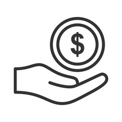 Coin on hand icon in a line style. A modern and minimalist financial icon. 