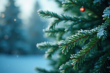 Obraz premium Frosted evergreen branches in a lush Christmas tree background, Christmas tree branches, Evergreen branches, Frosty greenery