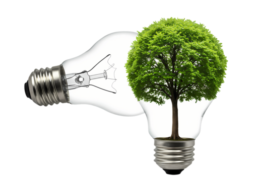 Green Energy: Tree Growing Inside a Light Bulb on Transparent background