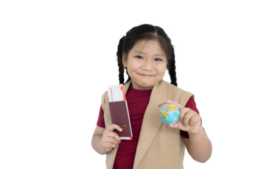 Girl holding passport and small globe on isolated background