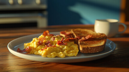 Scrambled eggs bacon toast breakfast protein nutrition crispy delicious morning meal simple quick healthy energy savory classic plate food cup