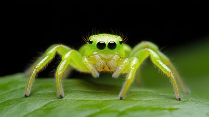 Naklejka premium Close-up of vibrant green jumping spider on leaf