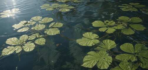 Intricate aquatic plant designs etched in pool's surface, reflecting sunlight ,  pattern,  natural,  leaves