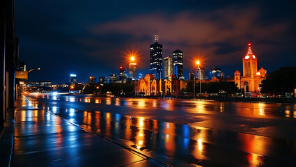 Obraz premium City Skyline at Night with Reflections on Wet Streets 