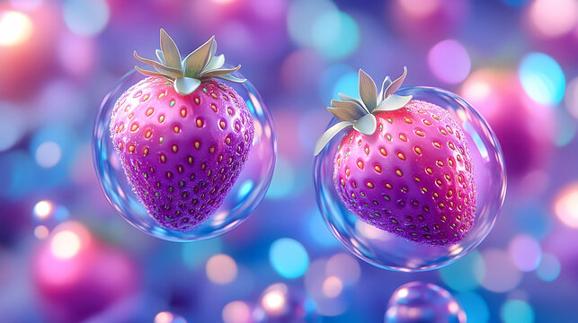 Pink strawberries in bubbles pastel background digital art food health wellness