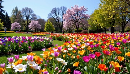A serene landscape featuring a rainbow of spring flowers blooming in a sunny park.
